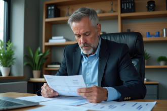 Analyste financier homme en costume regardant un bilan