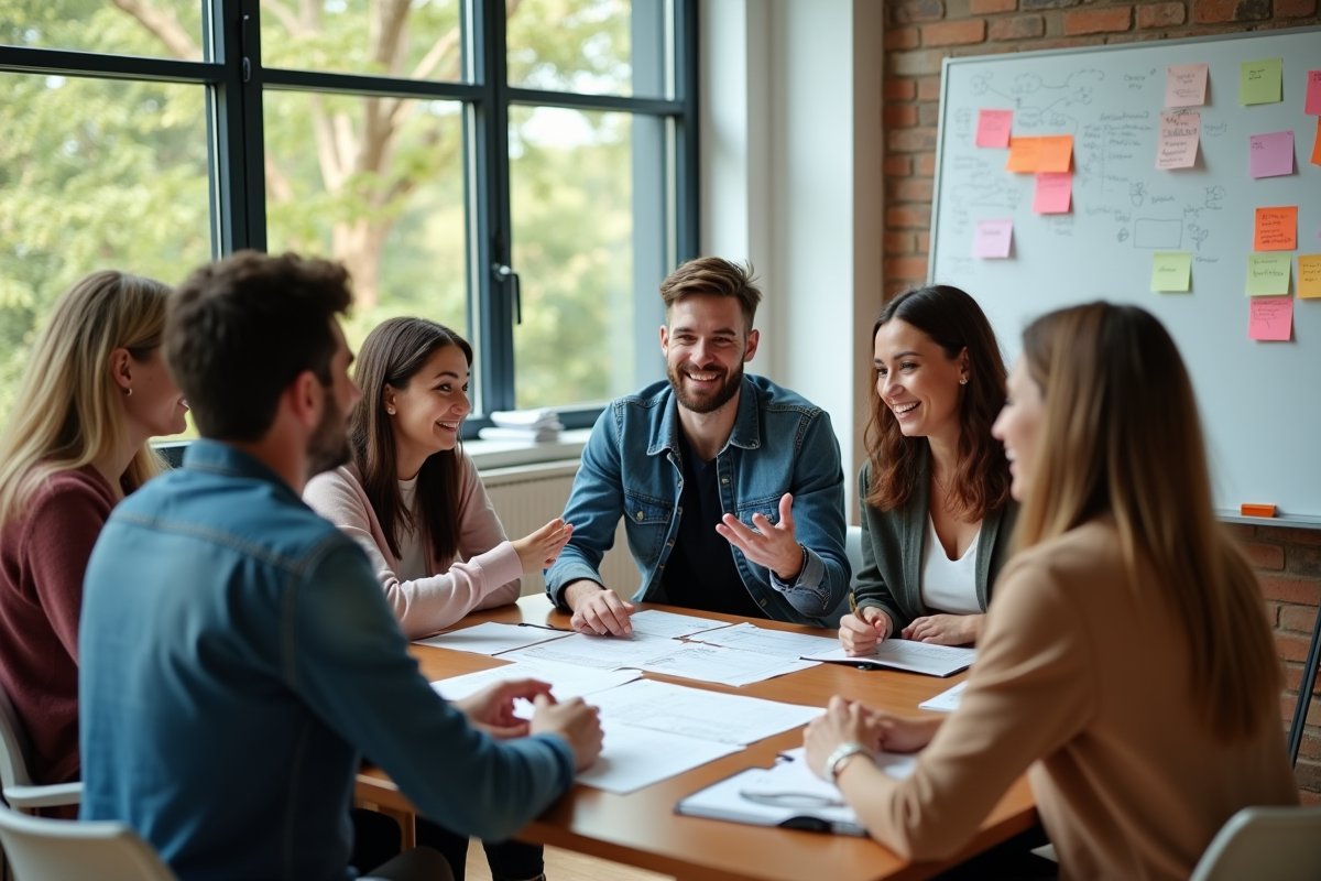 Groupe diversifié en atelier collaboratif dans une salle moderne