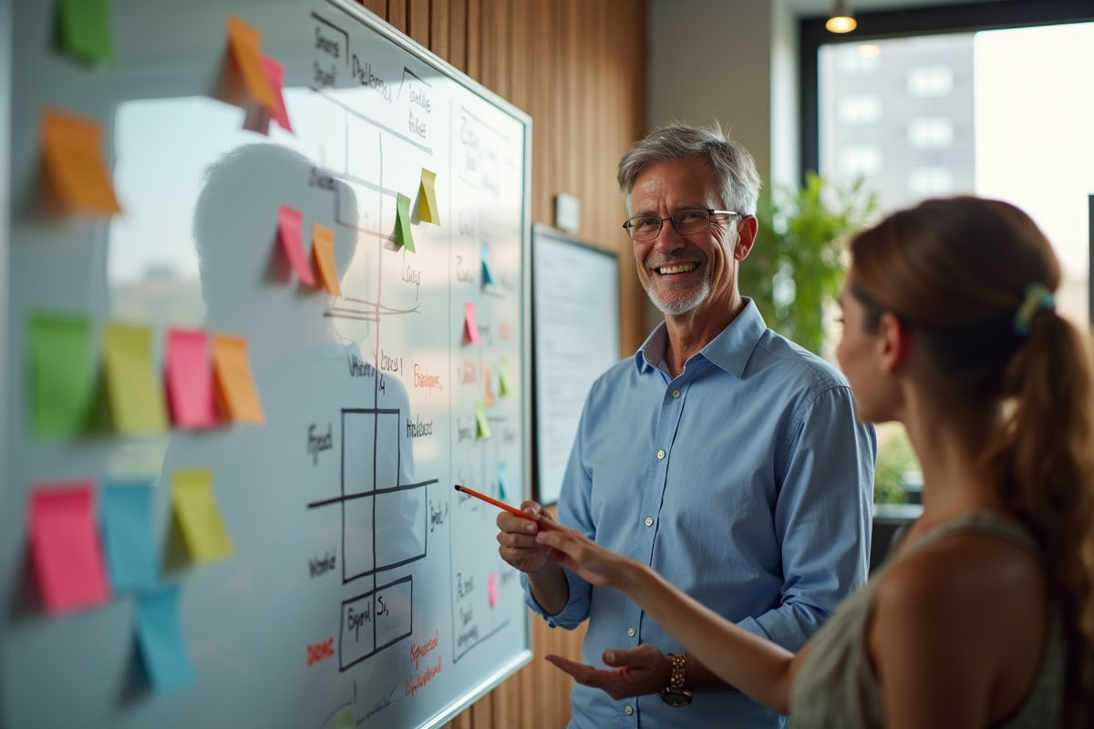 Personne souriante devant un tableau blanc avec notes et idées
