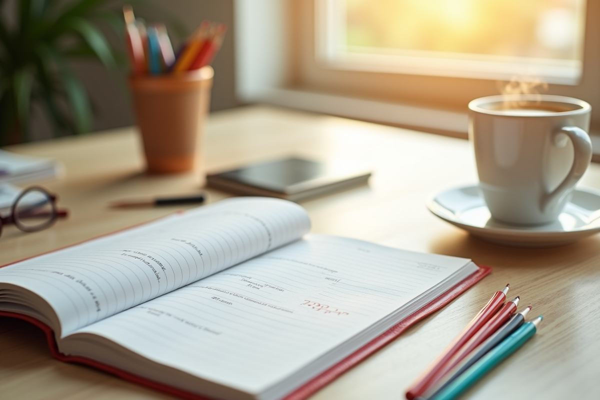 Cahier de coaching ouvert avec stylos et café