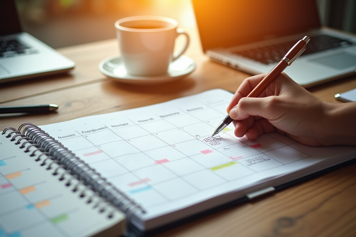 Planificateur avec café et ordinateur pour organisation