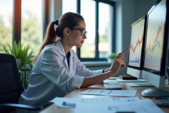 Chercheur dans un bureau moderne analysant des données sur un écran
