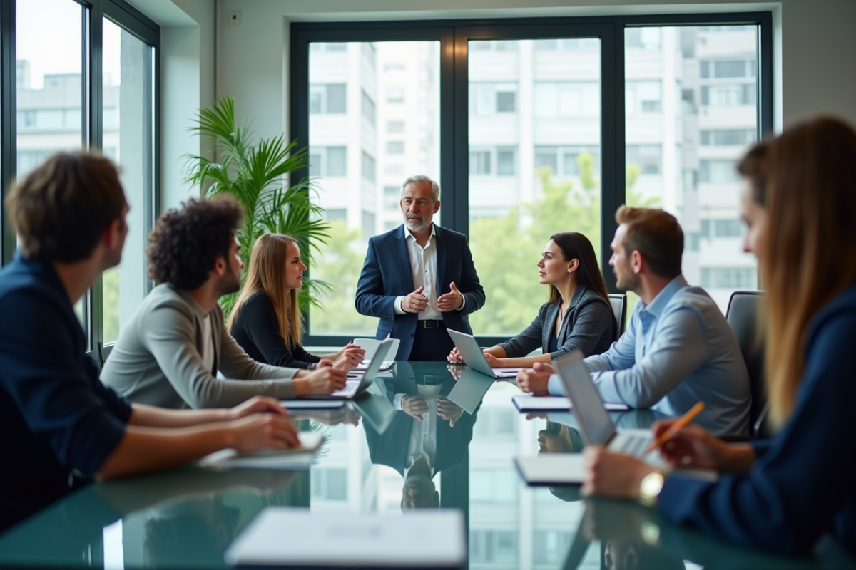 Coach professionnel guidant une equipe diverse en bureau moderne