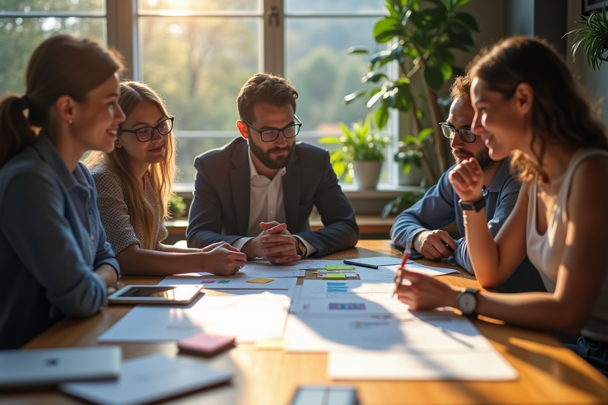 Trois professionnels divers autour d'une table de travail