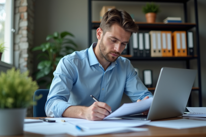 Homme comptable en bureau moderne examine documents financiers