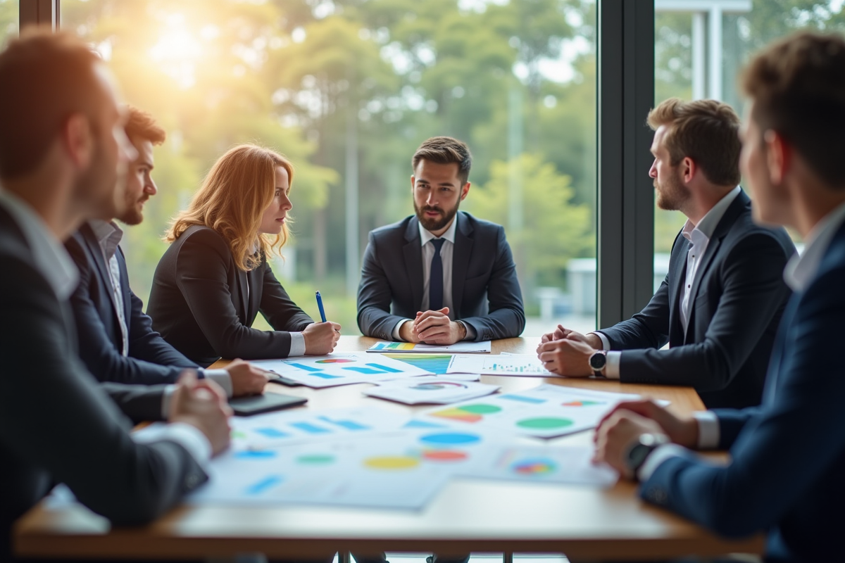 Conseiller financier présentant des graphiques colorés à des clients divers