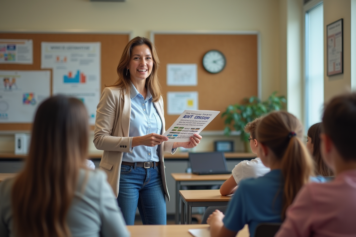 Conseillère scolaire parlant avec des élèves dans une classe