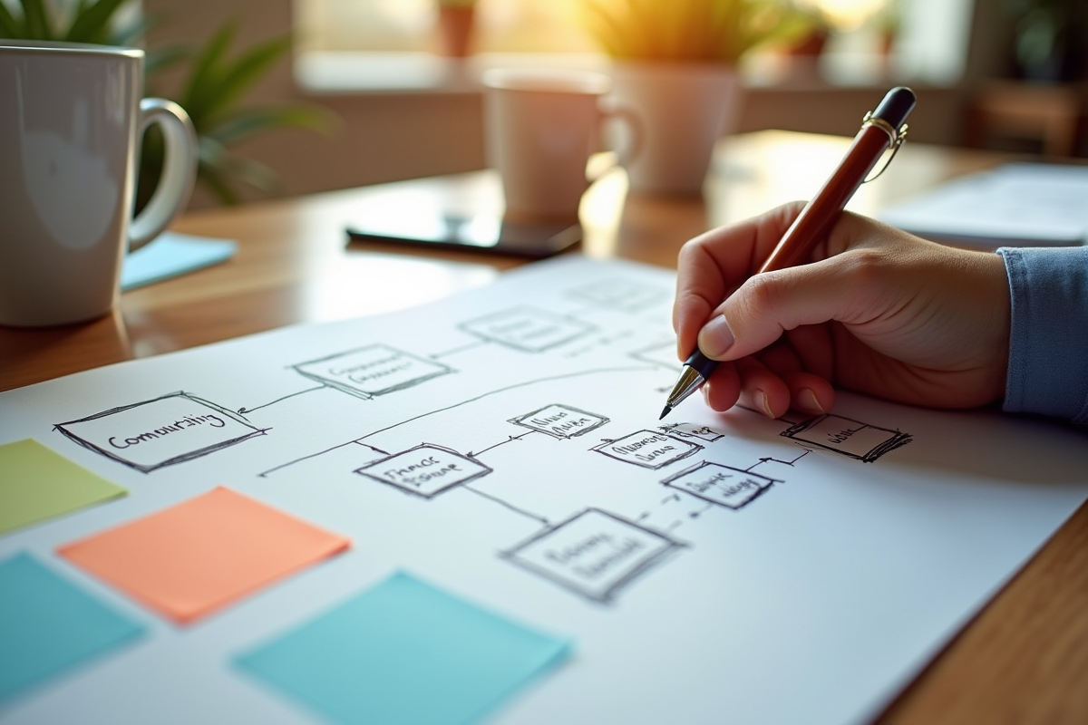 Main dessinant un diagramme de communication sur papier blanc