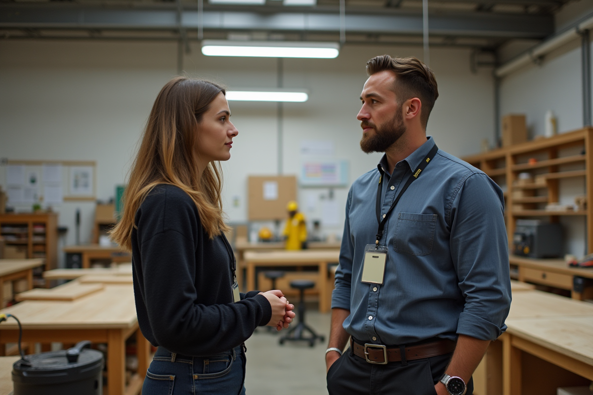 Homme et femme discutant dans un atelier de formation