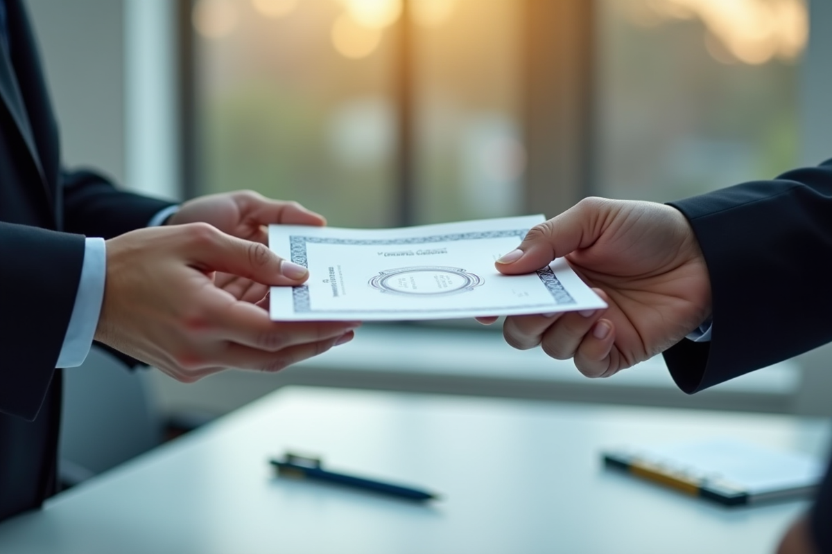 Main échangeant un certificat de formation professionnelle dans un bureau