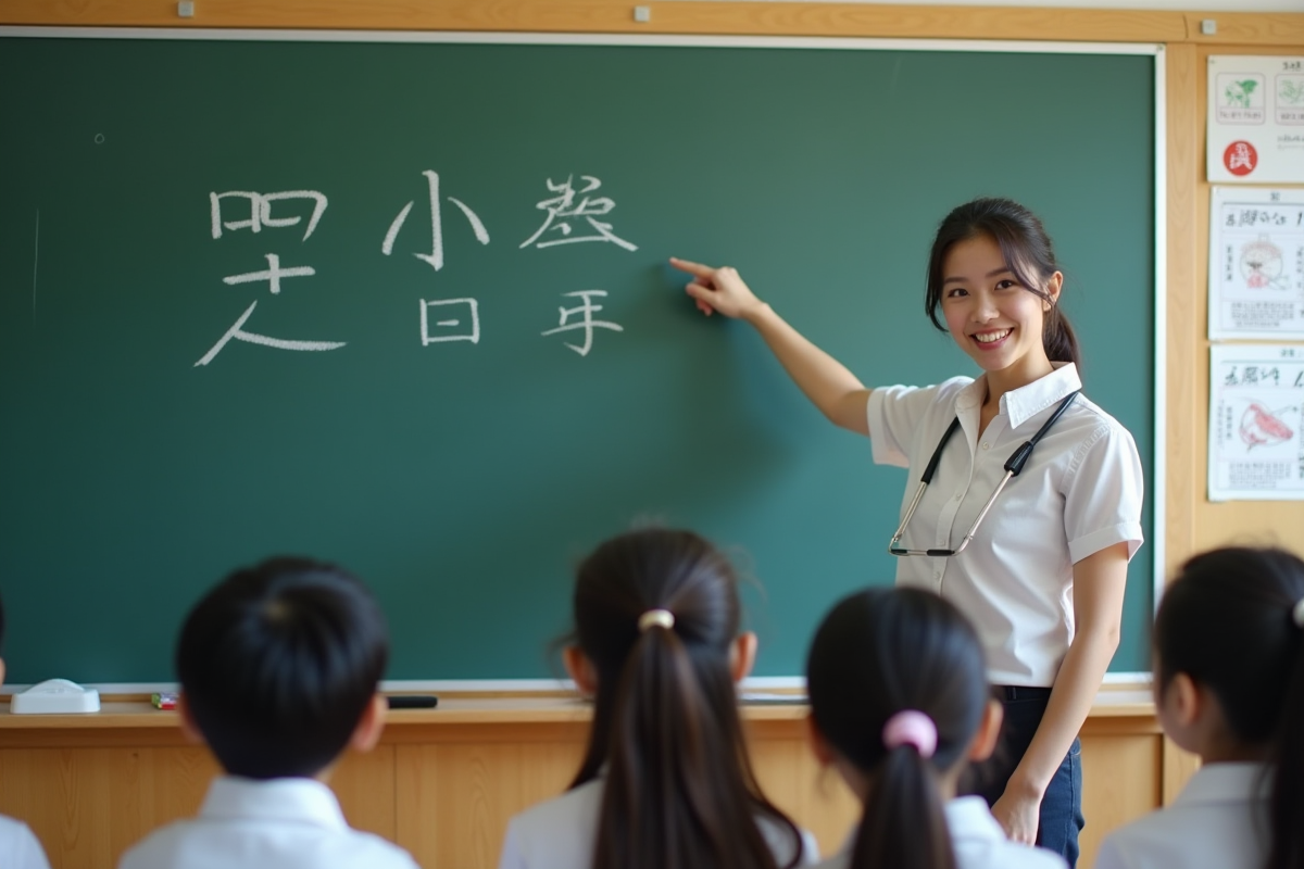 Enseignant montrant les caractères hiragana en classe