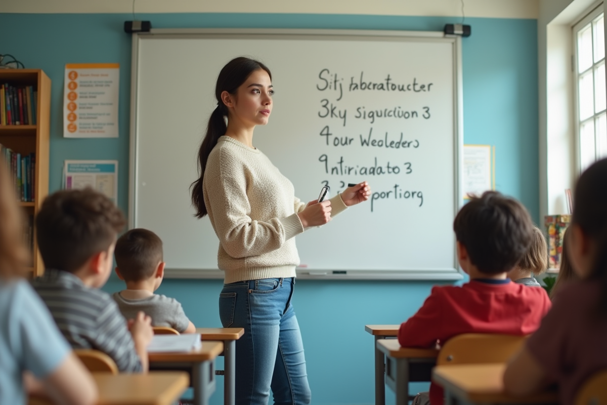 Jeune femme enseignant devant un tableau blanc en classe