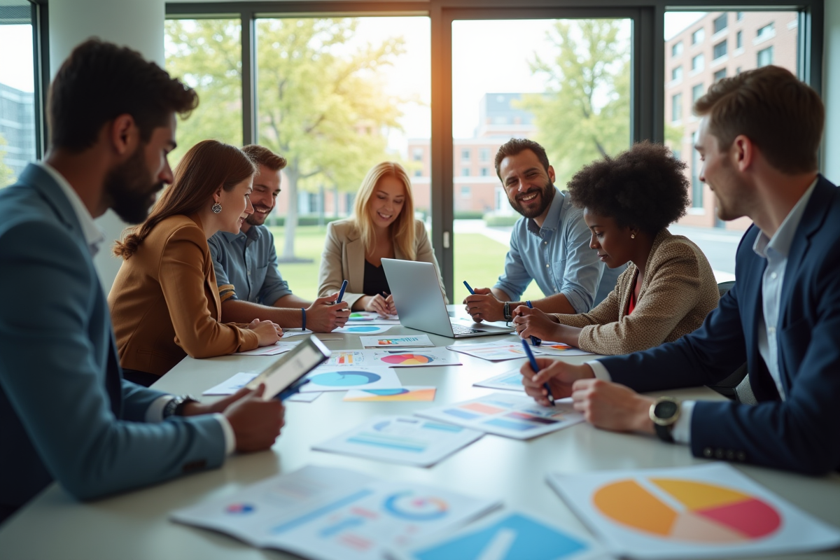 Groupe diversifié en réunion de travail dans un bureau lumineux