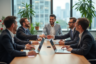 Groupe de professionnels en réunion dans un bureau lumineux