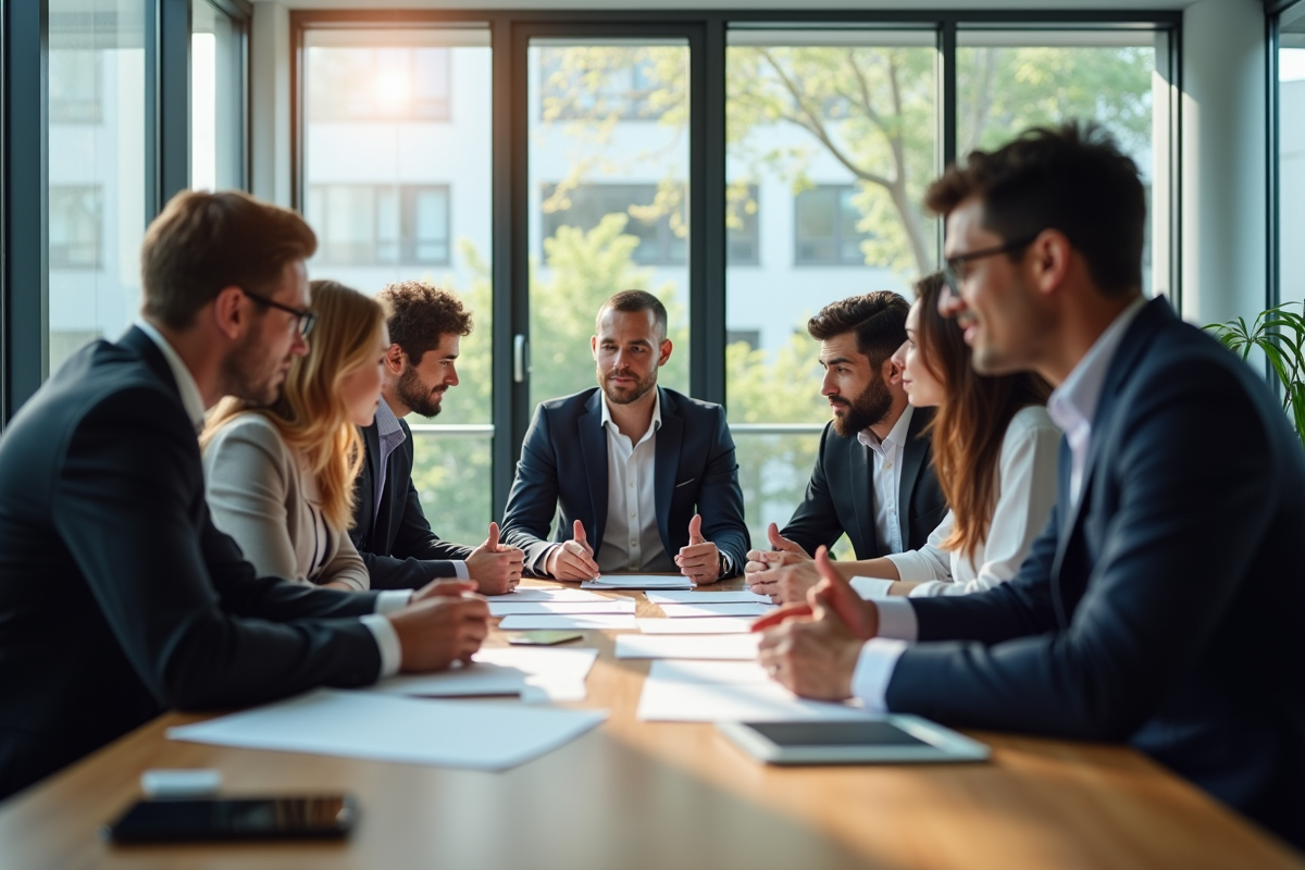 Groupe de professionnels en réunion dans un bureau lumineux