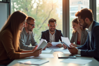 Groupe de professionnels collaborant dans un bureau lumineux