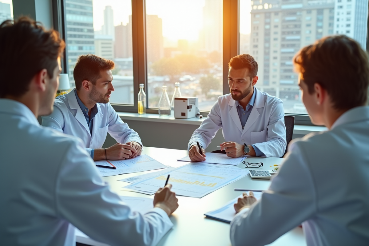 Groupe de chercheurs discutant de graphiques de salaires en laboratoire