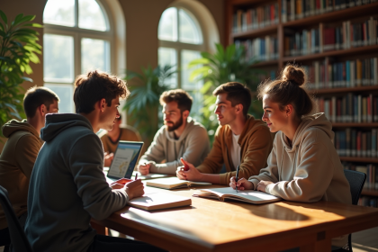 Groupe d'étudiants en bibliothèque universitaire en discussion