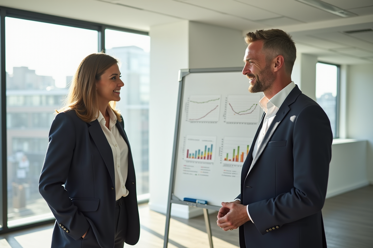 Executif confiant en entretien avec coach dans espace lumineux