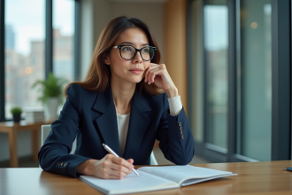 Femme en costume regardant par la fenêtre dans un bureau moderne