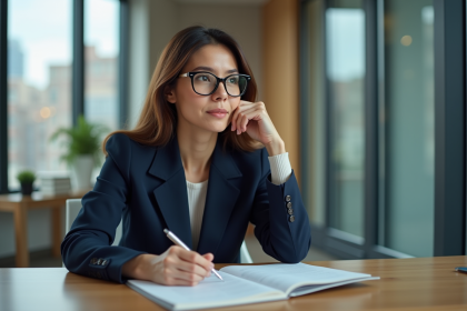 Femme en costume regardant par la fenêtre dans un bureau moderne
