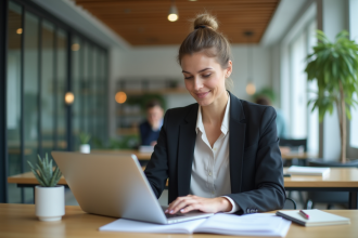 Femme professionnelle mettant à jour son CV sur un ordinateur portable