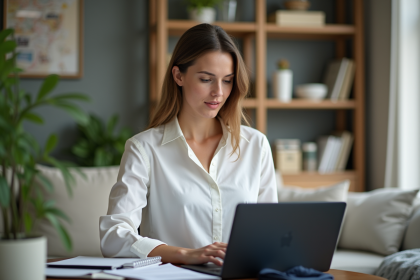 Femme en bureau à domicile travaillant sur un ordinateur