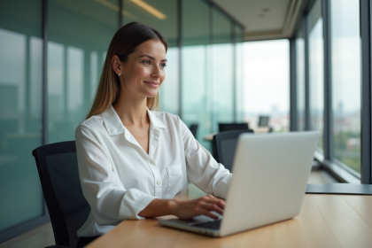 Femme au bureau travaillant sur un ordinateur dans un espace moderne