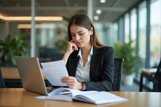 Femme en tenue professionnelle dans un bureau lumineux