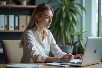 Femme concentrée au bureau dans un environnement moderne
