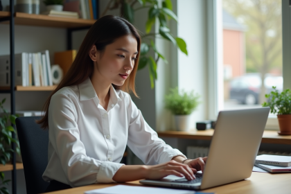 Jeune femme professionnelle travaillant à son bureau à domicile