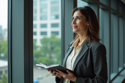 Femme en bureau moderne regardant par la fenêtre