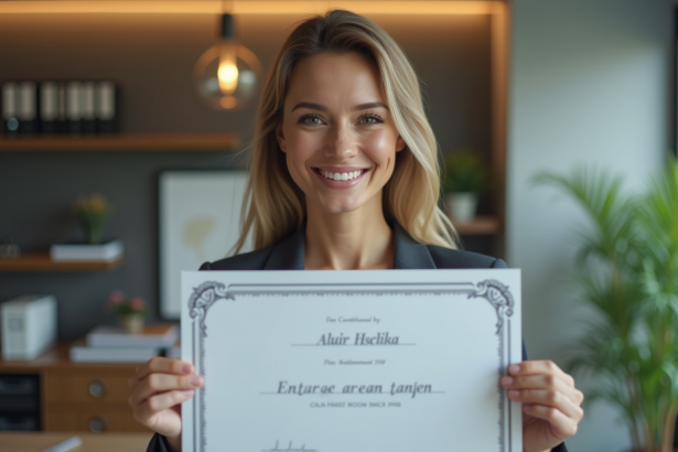 Femme souriante tenant un certificat dans un bureau moderne