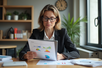 Femme d'âge moyen en milieu professionnel examine un graphique