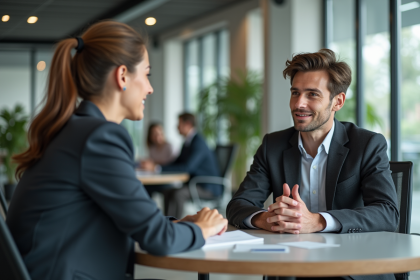 Femme en entretien professionnel avec un jeune homme dans un bureau moderne