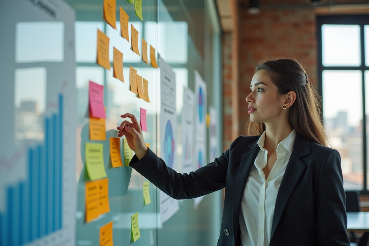 Jeune femme organise graphiques et notes colorées sur mur de coworking