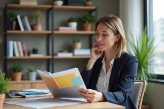 Femme en bureau moderne consulte des brochures de carrière