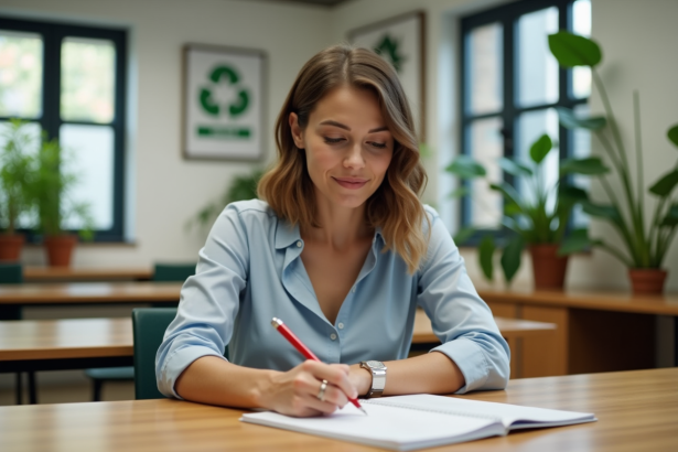 Femme prenant des notes dans une salle écologique moderne