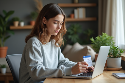 Jeune femme concentrée avec carte d'identité et ordinateur