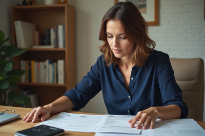 Femme d'âge moyen regardant des documents CPF dans son bureau