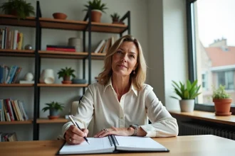 Femme organisée écrivant une checklist dans un planner lumineux