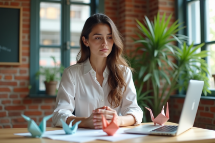 Jeune femme créant de l'origami dans un espace de coworking lumineux