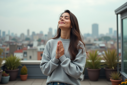 Femme en sweat gris sur un toit avec vue sur la ville