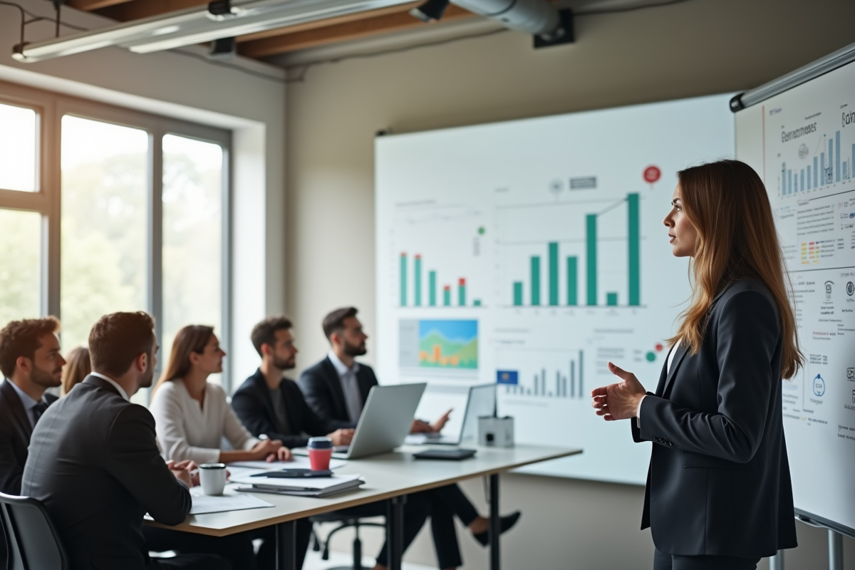 Femme dirigeante réfléchissant devant un tableau stratégique en open space