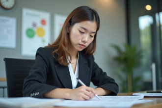 Jeune femme en bureau lors d'un travail concentré