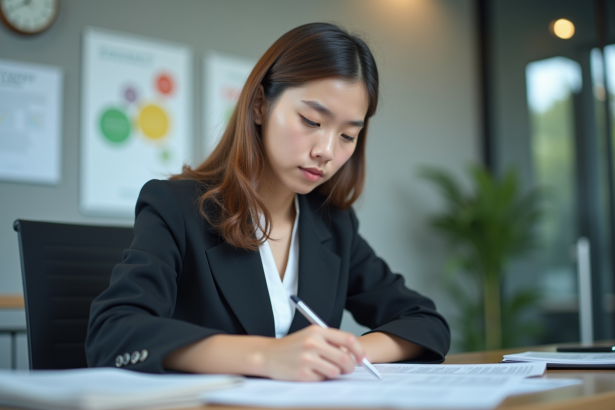 Jeune femme en bureau lors d'un travail concentré