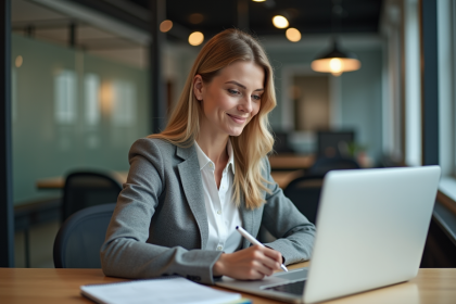 Femme professionnelle en open space travaillant sur son ordinateur