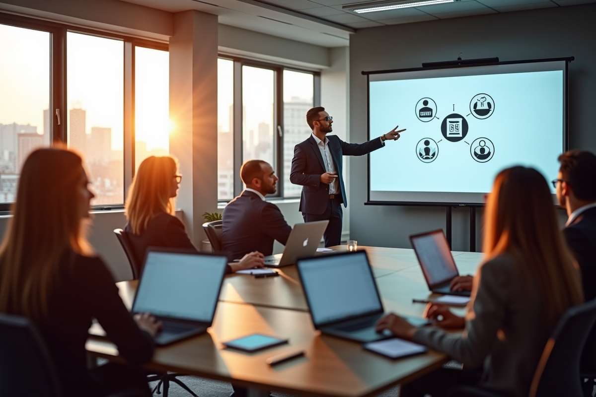 Groupe de professionnels en formation en salle moderne