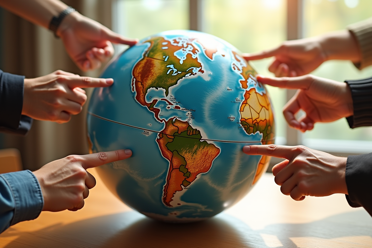 Globe avec couches atmospheriques et mains pointant sur le climat