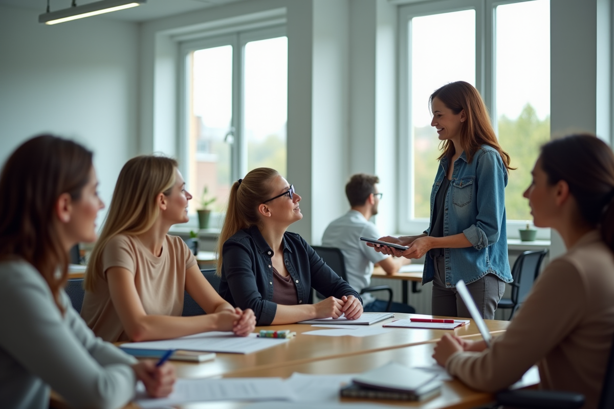 Groupe d'apprenants en formation dans une salle lumineuse